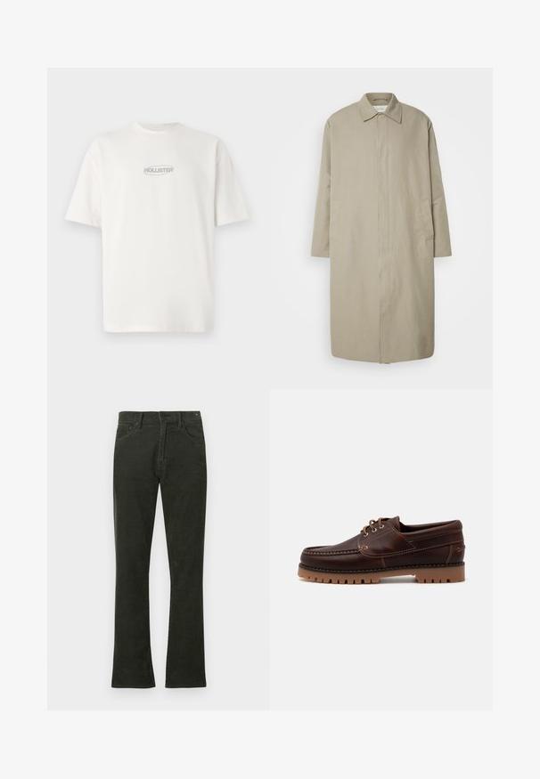 Beiger langer Mantel aus leichtem Stoff mit geradem Schnitt, Punktkragen und seitlichen Taschen; minimalistisch gehaltenes Design ohne sichtbare Verschlüsse.; Weißes Baumwoll-T-Shirt mit Rundhalsausschnitt und kurzen Ärmeln, versehen mit einem kleinen grauen "HOLLISTER"-Logo, das mittig auf der Brust platziert ist.; Dunkelgrüne Cordhosen mit geradem Bein, ausgestattet mit fünf Taschen und Metallverschlüssen. Die strukturierte Stoffoberfläche ist sichtbar.; Braune Lederschiffsschuh mit gestickten Details, Schnürdesign und robustem Gummisohle mit strukturierten Stollen für besseren Halt.