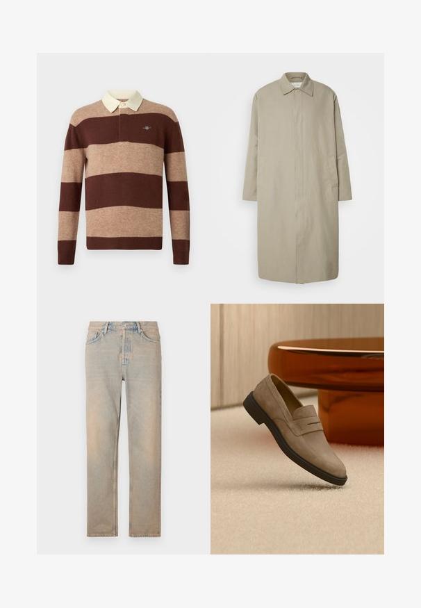 Beiger langer Mantel aus leichtem Stoff mit geradem Schnitt, Punktkragen und seitlichen Taschen; minimalistisch gehaltenes Design ohne sichtbare Verschlüsse.; Langärmliges Rugby-Shirt mit breiten horizontalen braunen und beige gestreiften Mustern sowie einem cremefarbenen Kragen, das ein kleines gesticktes Logo auf der Brust präsentiert.; Helle beige Denim-Jeans mit geradem Schnitt. Verfügt über fünf Taschen, einen Knopfverschluss und dezente Verfärbungen entlang der Stoffoberfläche.; Beiger Wildleder-Slipper mit schwarzer Sohle, der über einem hellen Teppichboden schwebt, neben einem glänzenden braunen ovalen Couchtisch in einem modernen Raum.