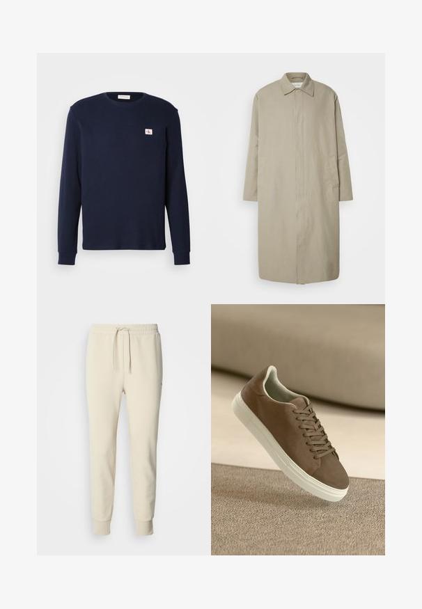 Abrigo largo beige hecho de un tejido ligero con corte recto, cuello puntiagudo y bolsillos laterales; diseño minimalista sin cierres visibles.; Camisa de manga larga en color marino, hecha de una tela texturizada, con un cuello redondo y un pequeño parche del logo de CK en el lado izquierdo del pecho.; Pantalones deportivos de color crema con cintura ajustable con cordón, piernas estrechas y puños acanalados. Hechos de tela suave y texturizada. Sin patrones ni adornos.; Zapatilla de ante marrón con una textura suave, diseño con cordones y suela de goma blanca. Presenta una puntera redondeada y una forma aerodinámica.
