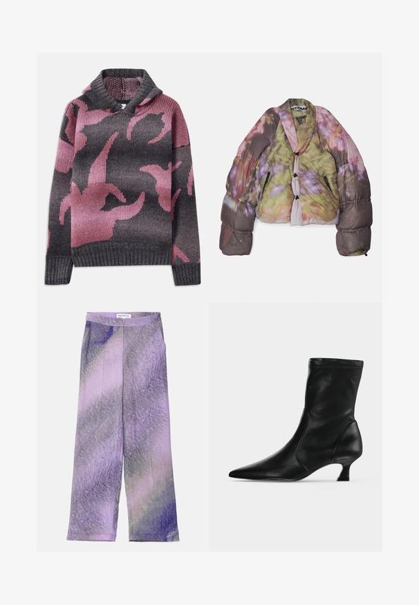 Doudoune avec un design à motifs floraux dans des teintes de vert, rose et violet. Elle présente un col châle et des fermetures à bouton.; Pull en laine avec une capuche, mélange de couleurs grises et roses, avec un motif de formes abstraites. Poignets et ourlet côtelés.; Pantalons à jambe large en tissu léger, avec un motif dégradé de violet et de lavande avec une texture subtile. Taille fermée par un bouton.; Botte mi-mollet en cuir noir avec bout pointu et petit talon kitten, vue de profil sur un fond clair uni.