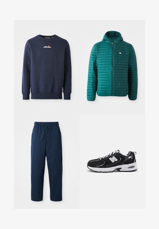 Türkiser Pufferjacke mit gestepptem Design und horizontalen Streifen, Frontreißverschluss und Kapuze. Enthält ein kleines Logo auf der Brust. Leichter Stoff.; Dunkelblaues Sweatshirt aus einem weichen Material, mit Rundhalsausschnitt und gerippten Bündchen. Gesticktes "ellesse"-Logo mit farbigen Akzenten.; Marineblaue Hose aus glattem Stoff mit elastischem Bund und Knopf, geraden Beinen und ohne sichtbare Muster oder Hardware.; Schwarze und graue Sportschuhe mit Obermaterial aus Mesh und Wildleder, ausgestattet mit einer weißen Zwischensohle, Schnürsenkeln und einem markanten "N"-Logo an der Seite.