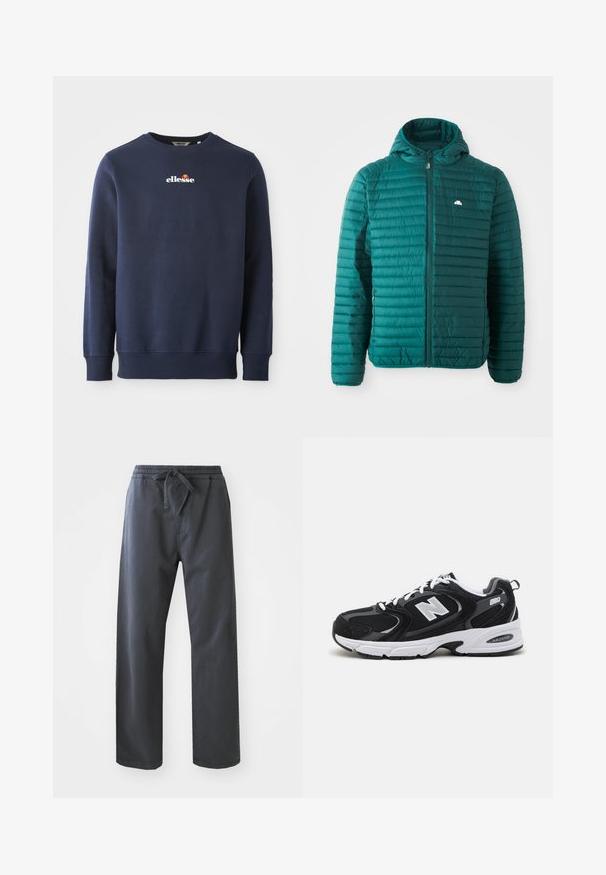 Teal pufferjack met een doorstikte ontwerp en horizontale strepen, een ritssluiting aan de voorkant en een capuchon. Bevat een klein logo op de borst. Licht van gewicht.; Navyblauwe sweatshirt gemaakt van een zachte stof, met een ronde hals en geribbelde manchetten. Geborduurd "ellesse" logo met gekleurde accenten.; Zwarte, elastische broek met een trekkoord, met een rechte pijpdesign en een zachte textuur. Geen zichtbare zakken of patronen.; Zwarte en grijze sport schoenen met een bovenwerk van mesh en suede, voorzien van een witte tussenzool, veters en een gedurfde "N"-logo aan de zijkant.