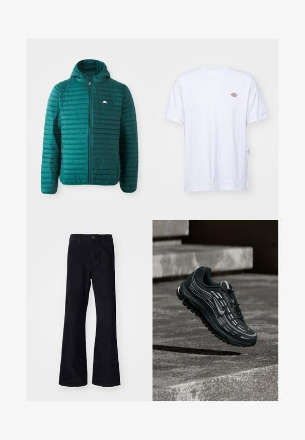 Teal pufferjack met een doorstikte ontwerp en horizontale strepen, een ritssluiting aan de voorkant en een capuchon. Bevat een klein logo op de borst. Licht van gewicht.; Witte katoenen t-shirt met een v-hals en korte mouwen. Kenmerkt zich door een klein kleurrijk geborduurd logo op de linkerkant van de borst. Zachte textuur.; Zwarte, katoenen flared broeken met een traditionele tailleband, enkele knoop aan de voorkant en zakken aan de zijkanten en achterkant. Glad textuur.; Zwarte en grijze Nike Air Max sneaker zwevend boven grijze betonnen trappen met een gestructureerde achtergrond van de grond.
