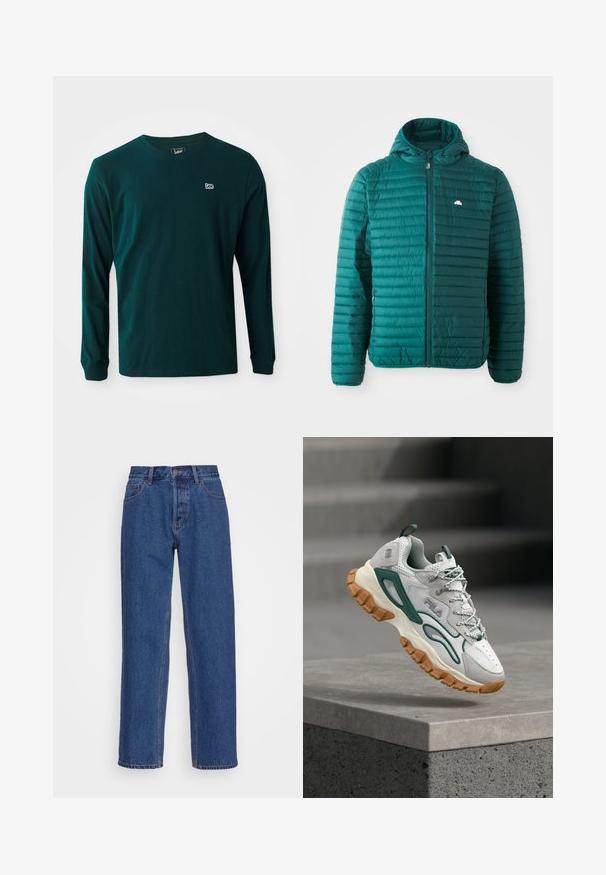 Teal pufferjakke, quiltet design med horisontale striber, frontlynlås og hætte. Har et lille logo på brystet. Letvægts tekstur.; Langærmet T-shirt i mørkegrøn bomuld med rund hals og et lille hvidt logo på venstre bryst. Glat tekstur, afslappet pasform.; Blå denim jeans med en klassisk lige ben-design, der har høj talje, bæltestropper og diskrete syninger.; Hvid og grøn sneaker med brun, kraftig sål, der svæver over en betonplatform med slørede trapper i baggrunden.