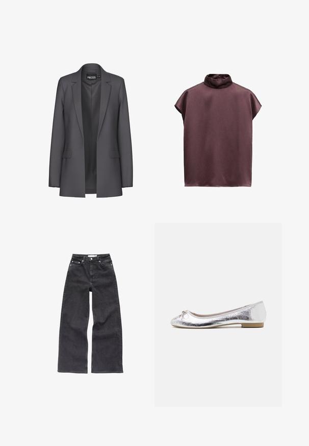 Grå blazer med skræddersyet design, skarpe revers og to frontlommer. Lavet af glat stof med en ren, moderne pasform.; Ærmeløs mørk mauve satinbluse med løs pasform og høj, let rynket rullekrave.; Sorte vidde jeans lavet af denim; med fem lommer, høj talje og subtile whisker-detaljer foran.; Sølv balletflade med metallisk finish, rund tå, sløjfeaccent foran og en lav hæl for ekstra komfort.