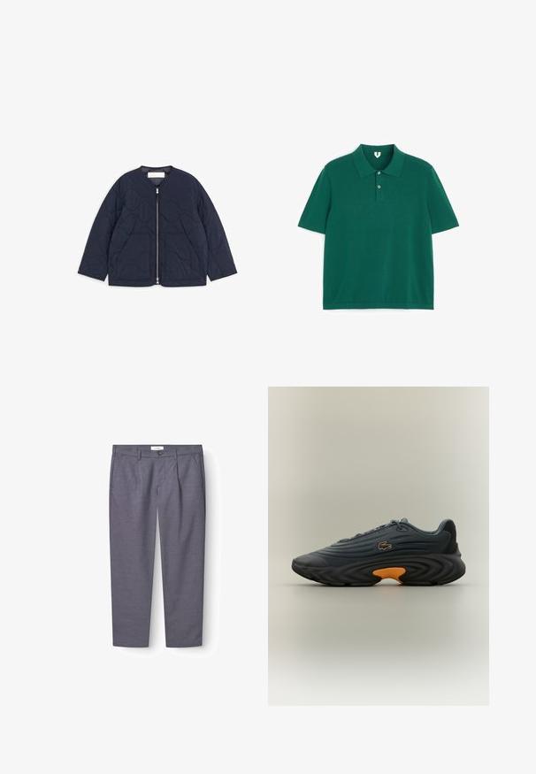 Marineblaue, gesteppte Jacke mit Frontreißverschluss, zwei großen Fronttaschen, langen Ärmeln und abgerundetem, kragenlosem Ausschnitt.; Grünes kurzärmeliges Poloshirt mit zwei Knöpfen und Kragen, flach auf weißem Hintergrund gelegt.; Graue maßgeschneiderte Herren-Hosen mit Seitentaschen, Gürtelschlaufen, Knopfverschluss und leichten Bügelfalten auf einem weißen Hintergrund.; Lacoste Sneakers in Dunkelgrau mit strukturiertem Obermaterial, hervorgehobener gebogener schwarzer Sohle und leuchtend orangefarbenem Akzent an der Ferse. Schnürdesign mit Logo.