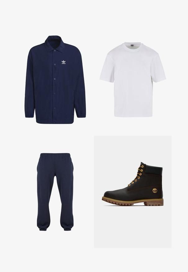 adidas Originals Chaqueta de entretiempo - blue; Camiseta blanca de manga corta hecha de algodón. Presenta un cuello redondo y un ajuste holgado. Textura suave, diseño minimalista, sin patrones ni adornos.; Pantalones sudadera azul marino con cintura elástica y puños ajustados, confeccionados en tela suave, sin patrones ni herrajes visibles.; Bota de cuero negro de tobillo con ojales dorados, acentos marrones y suela de goma. Presenta un cuello acolchado y un logotipo en relieve en el costado.