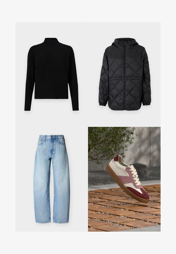 Schwarze gesteppte Daunenjacke mit Kapuze, Frontreißverschluss und elastischen Bündchen. Sie verfügt über ein lineares Rautenmuster auf dem Obermaterial.; JDY Knitted JDYPRIME Knitted - Strickpullover - black; Hellblaue gerade geschnittene Jeans aus Denim mit fünf Taschen, Gürtelschlaufen und einem vorderen Knopfverschluss.; Weißer Ledersneaker mit bordeauxroten und rosa Veloursleder-Akzenten, mit strukturierter Sohle und klassischem Schnürdesign, erhöht über einer hölzernen Oberfläche.