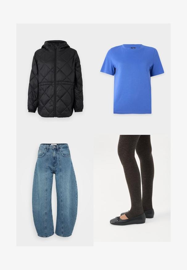 Chaqueta de plumas acolchada negra con capucha, cremallera frontal y puños elásticos. Presenta un patrón de diamantes lineales en la tela exterior.; Camiseta de manga corta y cuello redondo de color azul sólido, mostrada sobre un fondo liso color gris claro.; Vaqueros de tiro alto en azul claro, fabricados en denim, con corte de pata ancha, cinco bolsillos y detalles de costura. Textura suave con un acabado limpio.; Piernas con leggings oscuros acanalados combinados con bailarinas negras que presentan pequeños detalles de lazo sobre un fondo blanco.