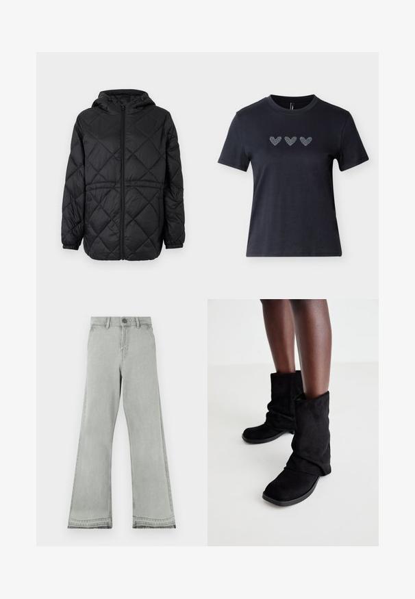 Sort quiltet pufferjakke med hætte, frontlynlås og elastiske manchetter. Har et lineært diamantmønster på det ydre stof.; Sort kortærmet t-shirt i bomuld med tre hjerter dekoreret med rhinsten i en række tværs over brystet, der viser en glat tekstur.; Lysegrå flared jeans lavet af denim, med knaplukning, en lige linning og en let slidt tekstur ved kanterne.; Sorte ruskindsankle støvler med et slouchy design, som har en flad sål og en firkantet tå, vist på mørke ben mod en lys baggrund.