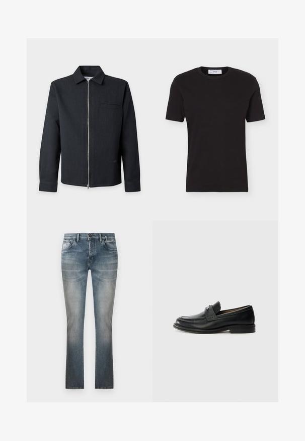 Veste noire à manches longues avec col, fermeture éclair argentée intégrale à l’avant, et une poche poitrine unique, présentée sur un fond gris clair.; T-shirt noir à manches courtes, col rond, coupe régulière avec étiquette Marc O'Polo Denim à l'intérieur du col.; Jean droit bleu délavé avec poches avant, passants pour ceinture et fermeture par bouton, présenté sur un fond blanc uni.; Mocassins en cuir noir avec une finition lisse, dotés d'une bande supérieure texturée, d'un talon bas et de détails de couture minimalistes.