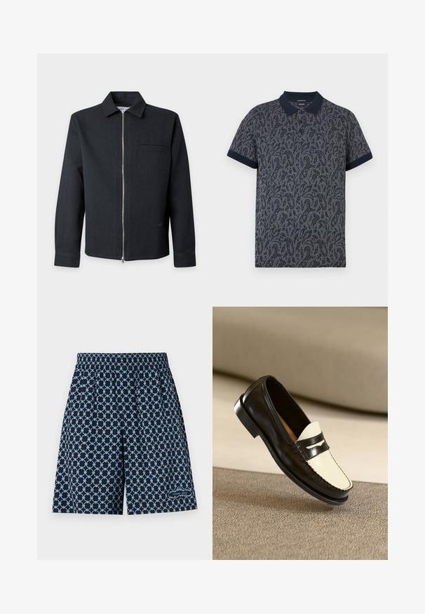 Veste noire à manches longues avec col, fermeture éclair argentée intégrale à l’avant, et une poche poitrine unique, présentée sur un fond gris clair.; Polo à manches courtes bleu marine avec un motif cachemire. Doté d'un col et de poignets contrastants bleu marine ; confectionné dans un tissu tricoté texturé.; Shorts bleu marine avec motif géométrique en boucles bleu clair, taille élastique, et petit logo "Sandro Paris" près de l'ourlet sur la jambe droite.; Mocassin en cuir noir avec un empeigne crème et des rayures noires, présentant un petit talon et des coutures détaillées le long des bords.