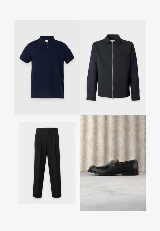 Sort langærmet jakke med krave, sølv lynlås foran og en enkelt brystlomme, vist på en lysegrå baggrund.; Mørkeblå polo-shirt lavet af bomuld, med klassisk krave, tre-knap lukning og korte ærmer. Diskret logo på brystet.; Sorte skræddersyede bukser med lige ben, plisseringer ved taljen, bæltestropper og sidelommer med slidser, vist på en enkel baggrund.; Sort læderloafer med metalbrandskilt hvilende nær et brunt rundt bord på beige tæppe.