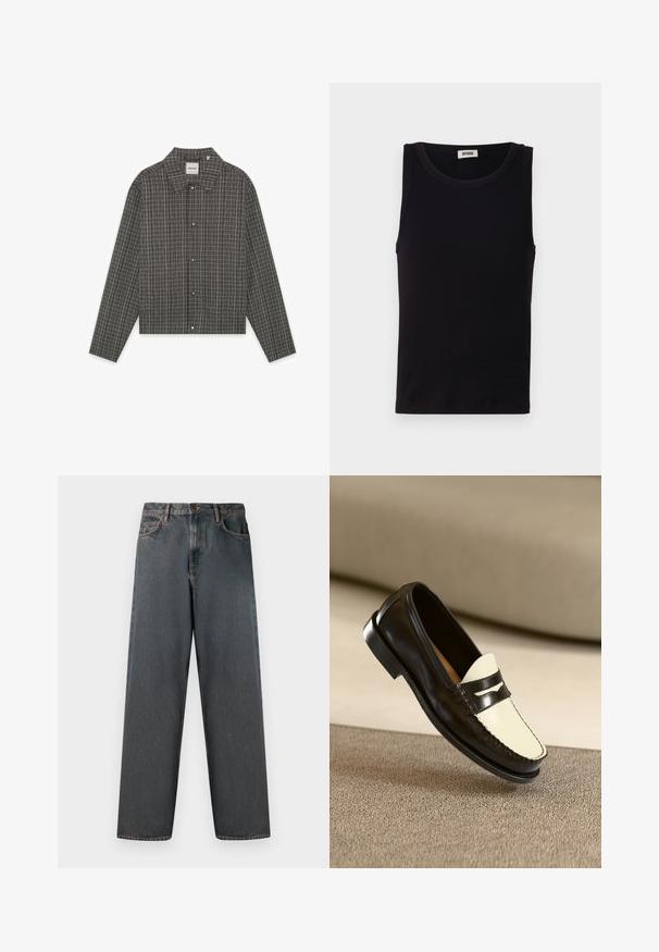 Veste-chemise pour homme à manches longues, en tissu gris à carreaux, avec boutons sur le devant et col. Coupe ajustée avec un motif à carreaux subtil.; Débardeur noir sans manches en coton doux. Il présente une encolure ronde et une coupe droite, avec des détails de couture minimaux.; Jean en denim gris foncé avec une coupe droite, cinq poches et une fermeture à bouton et zip. Le tissu présente un léger dégradé et des coutures.; Mocassin en cuir noir avec un empeigne crème et des rayures noires, présentant un petit talon et des coutures détaillées le long des bords.