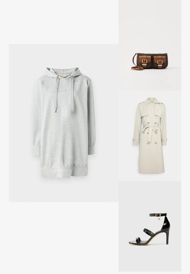 Beige trenchcoat met een dubbelbreasted ontwerp, gouden knopen, riemstrik in de taille en schouder epauletten. Gladde, gestructureerde stof.; Lichtgrijze sweatshirtjurk met een trekkoordkap, lange mouwen en een ribgebreide zoom. Voorzien van een reliëf "Michael Kors" logo op de borst.; Zwarte gepatineerde leren sandaal met drie banden, enkelgesp en 10 cm hoge stiletto hak. Bevat gouden hardwaredetails en een logo charm.; Brown gestippelde handtas met twee voorzakken, gouden hardware en een enkele schouderriem. Voorzien van een ritsluiting en leren accenten.