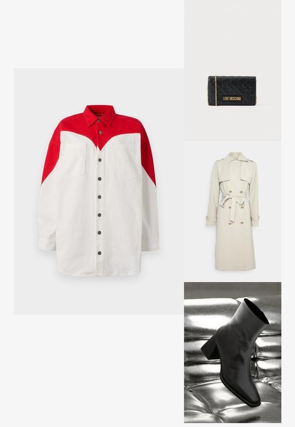 Beige trenchcoat met een dubbelbreasted ontwerp, gouden knopen, riemstrik in de taille en schouder epauletten. Gladde, gestructureerde stof.; Fiorucci HEART SHIRT DRESS - Blousejurk - red/white; Zwarte enkellaarsjes van glanzend materiaal met een vierkante neus en taps toelopende hak, afgezet tegen een glanzende zilveren gecapitonneerde achtergrond.; Zwarte gewatteerde rechthoekige tas met gouden kettingriem en gouden "Love Moschino" logo-plaatje aan de voorkant.