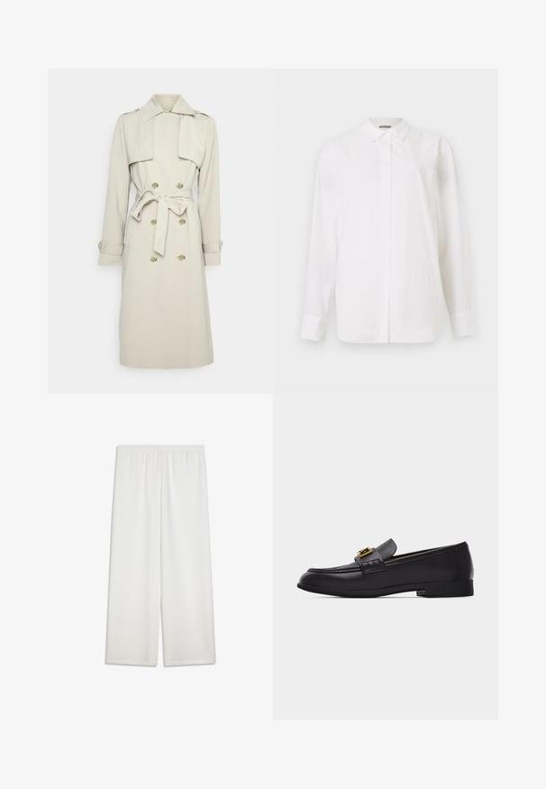 Trench-coat beige à double boutonnage, boutons dorés, ceinture à nouer à la taille et épaulettes. Tissu lisse et texturé.; Chemise blanche à manches longues en tissu lisse. Dotée d'un col classique, d'une coupe droite et sans motifs ni embellissements visibles.; Pantalon blanc à jambes larges avec taille élastique. Tissu lisse et léger ; coupe longue et droite. Aucun motif ni accent visible.; Mocassin en cuir noir avec un détail de boucle dorée et un petit talon, présenté de profil sur un fond clair uni.