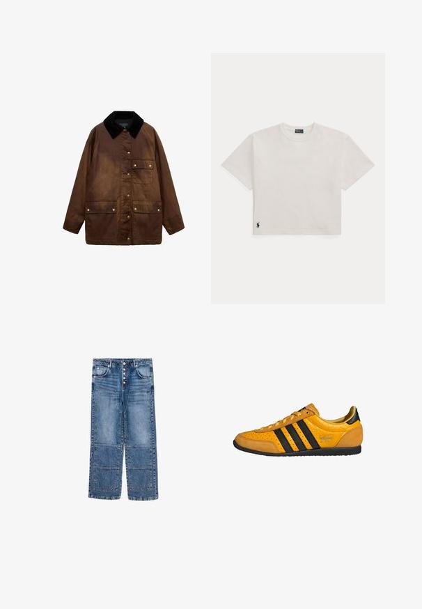 Bruine gewaxte katoenjas met een zwarte corduroy kraag, vooraan drukknoopsluiting en drie klepzakken met drukknoopsluiting.; Wit T-shirt met korte mouwen en een ronde hals met een klein donker geborduurd logo vlak bij de onderzoom op een effen achtergrond.; Heren spijkerbroek in lichtblauw, met een relaxte pasvorm, meerdere zakken en een knoopsluiting. Gestructureerde stof met zichtbare stiksels.; Gele leren sneaker met zwarte strepen, vetersluiting, geperforeerde neus en gestructureerde hielaccenten met het label "adidas Japan." Rubber loopzool.