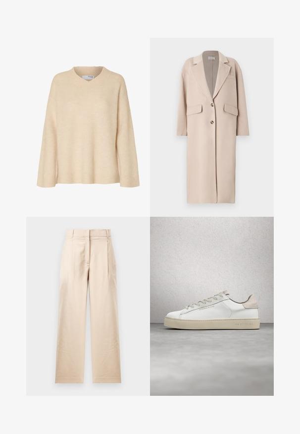 Manteau en mélange de laine beige avec un revers cranté, deux poches avant, trois boutons et une coupe droite, offrant une texture douce et une longueur moyenne.; Pull beige à manches longues avec col en V et col côtelé, en tissu tricoté doux, conçu pour les femmes.; Pantalon beige en tissu lisse. Présente une coupe droite, un devant plat et deux plis. Sans motifs visibles ni accessoires.; Sneaker en cuir blanc avec une finition lisse, accents en suède beige, bout arrondi, design à lacets plats et semelle en caoutchouc texturée.