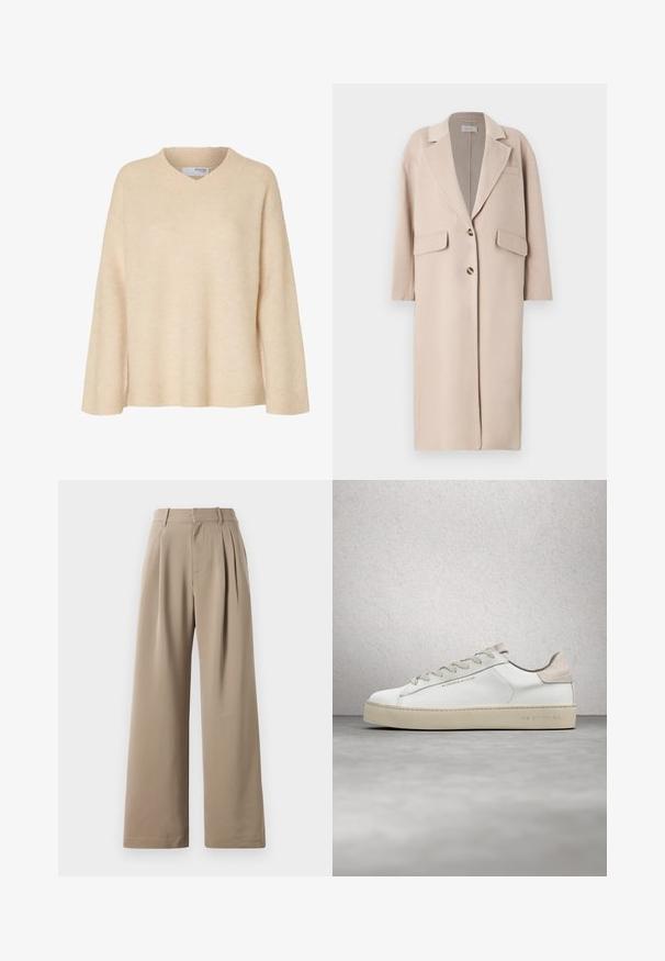 Manteau en mélange de laine beige avec un revers cranté, deux poches avant, trois boutons et une coupe droite, offrant une texture douce et une longueur moyenne.; Pull beige à manches longues avec col en V et col côtelé, en tissu tricoté doux, conçu pour les femmes.; Pantalons larges beige avec plis, devant plat, poches latérales et passants de ceinture. Fabriqués en tissu lisse et léger.; Sneaker en cuir blanc avec une finition lisse, accents en suède beige, bout arrondi, design à lacets plats et semelle en caoutchouc texturée.