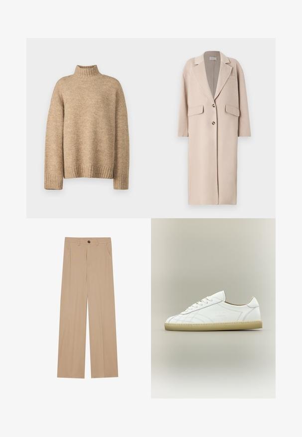 Manteau en mélange de laine beige avec un revers cranté, deux poches avant, trois boutons et une coupe droite, offrant une texture douce et une longueur moyenne.; Pull à col roulé beige fabriqué en matériau tricot doux et texturé. Présente des poignets et un ourlet côtelés, ainsi qu'une coupe décontractée. Design classique et confortable.; Pantalons larges beiges avec une texture lisse, dotés de deux poches latérales, d'une fermeture à bouton à l'avant et de plis subtils pour plus de détails.; Baskets basses en cuir blanc avec semelle beige, lacets et motifs cousus subtils sur fond neutre.