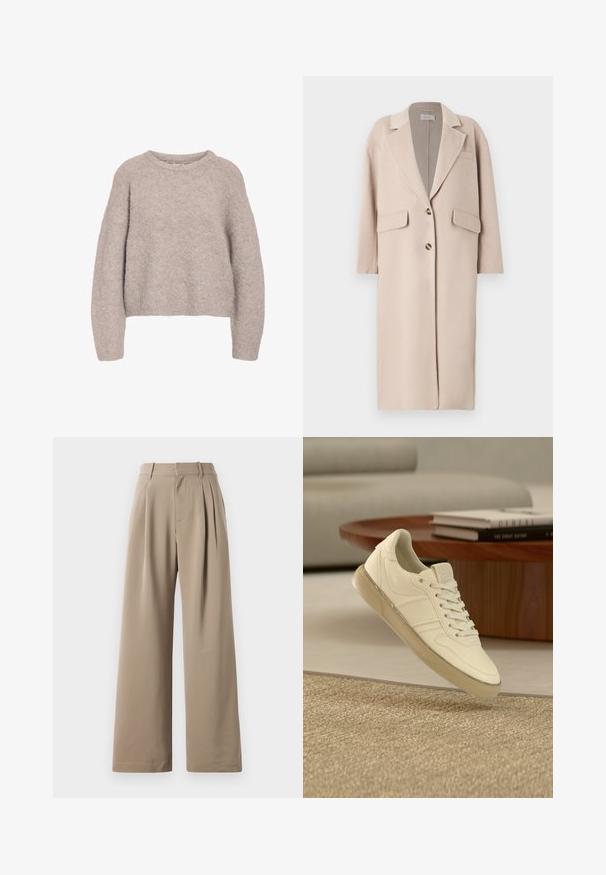 Manteau en mélange de laine beige avec un revers cranté, deux poches avant, trois boutons et une coupe droite, offrant une texture douce et une longueur moyenne.; Pull en maille beige clair avec une silhouette décontractée, un col rond et des manches longues. Matière texturée et douce avec une apparence confortable.; Pantalons larges beige avec plis, devant plat, poches latérales et passants de ceinture. Fabriqués en tissu lisse et léger.; Baskets en cuir blanc avec un design à lacets, des accents texturés et une semelle en caoutchouc translucide, présentées au-dessus d'une surface tissée.