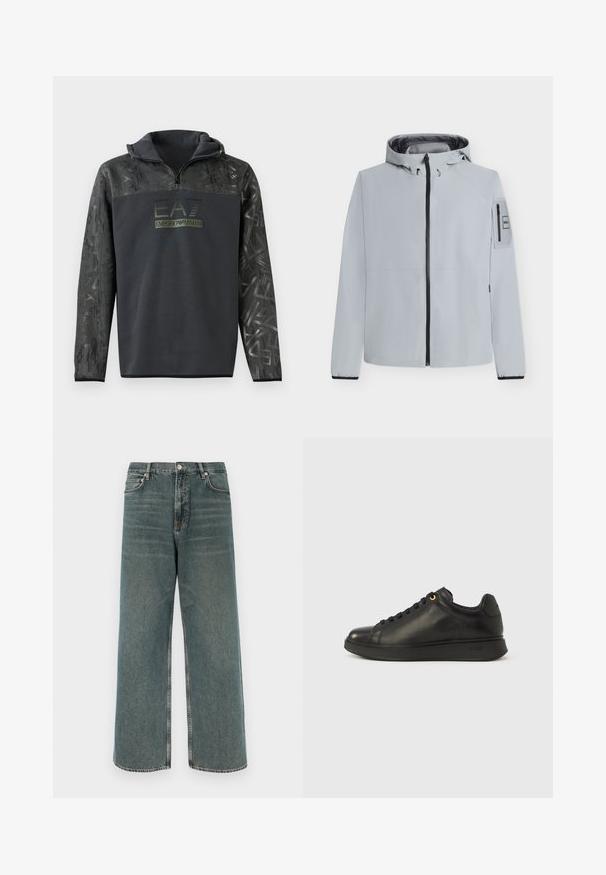 Chaqueta con capucha de color gris claro con cremallera negra, mangas largas y pequeño bolsillo con cremallera en el brazo izquierdo con etiqueta.; Sudadera negra con capucha y media cremallera, que cuenta con un patrón gráfico texturizado en las mangas y una impresión de logo en verde oscuro en el pecho.; Vaqueros de pierna ancha en azul desgastado, con diseño de cinco bolsillos, cierre de botón y costuras en contraste. Texturizados, con un ligero aspecto desgastado.; Zapatilla negra de cuero baja con suela negra, cordones negros y un ojal dorado cerca de la parte superior, vista en perfil lateral.