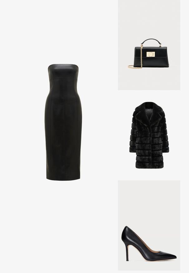 Abrigo de piel sintética negra que presenta una textura acolchada y estriada, cuello ancho y una silueta recta. Sin hardware ni adornos visibles.; Vestido de cuero negro, sin tirantes, con una silueta ajustada, de longitud hasta la rodilla, textura suave y costuras verticales para mayor definición.; Zapato de tacón alto de cuero negro con punta afilada y tacón de stiletto delgado. La textura suave y el mínimo detalle crean un diseño clásico.; Bolso de mano de cuero negro con una forma estructurada, que cuenta con un asa superior y una correa de cadena en tono dorado. Herrajes decorativos dorados con detalle de logo.