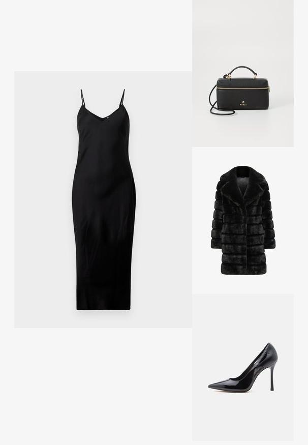 Abrigo de piel sintética negra que presenta una textura acolchada y estriada, cuello ancho y una silueta recta. Sin hardware ni adornos visibles.; Vestido midi negro sin mangas con finos tirantes tipo espagueti y escote en V, exhibido sobre un fondo blanco liso.; Zapato de salón negro de tacón alto con punta puntiaguda, acabado en charol brillante y diseño recortado en los laterales, con un elegante tacón de aguja.; Bolso de mano de piel negra con forma rectangular, acabado texturizado, cremallera dorada y una asa corta; incluye una correa larga y ajustable.