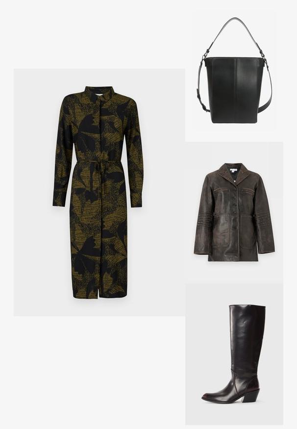 Chaqueta de cuero marrón oscuro con cierre de botones en el frente, dos bolsillos en el pecho y dos grandes bolsillos inferiores, mostrada sobre fondo blanco.; JDY JDYLIZA SHIRT DRESS - Vestido camisero - winter moss; Bota de cuero marrón oscuro hasta la rodilla con punta afilada, tacón angular y textura suave y brillante. Presenta un diseño limpio y detalles de costura.; Bolso tipo saco de cuero negro con costuras verticales, una asa corta y una correa ajustable para el hombro con cierres metálicos.