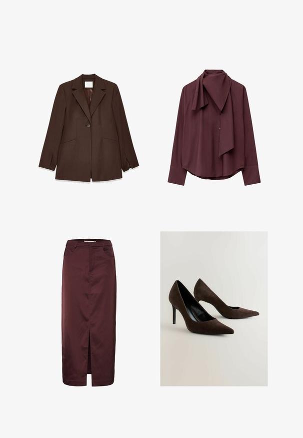 Brun blazer lavet af glat stof, med en spidse krave, frontlukning med knapper og to skrå lommer i den nederste front.; Bordeaux langærmet skjorte med draperet tørklædekrave, knaplukning og buet kant. Glat stofstruktur med skræddersyet pasform.; Bordeaux, knælang nederdel med lige snit, med en slids foran, to sidelommer og et glat, tekstureret stof.; Brune ruskinds højhælede sko med spidse tådesign, der har en slank silhuet og en tynd stilettohæl. Glat inderside.