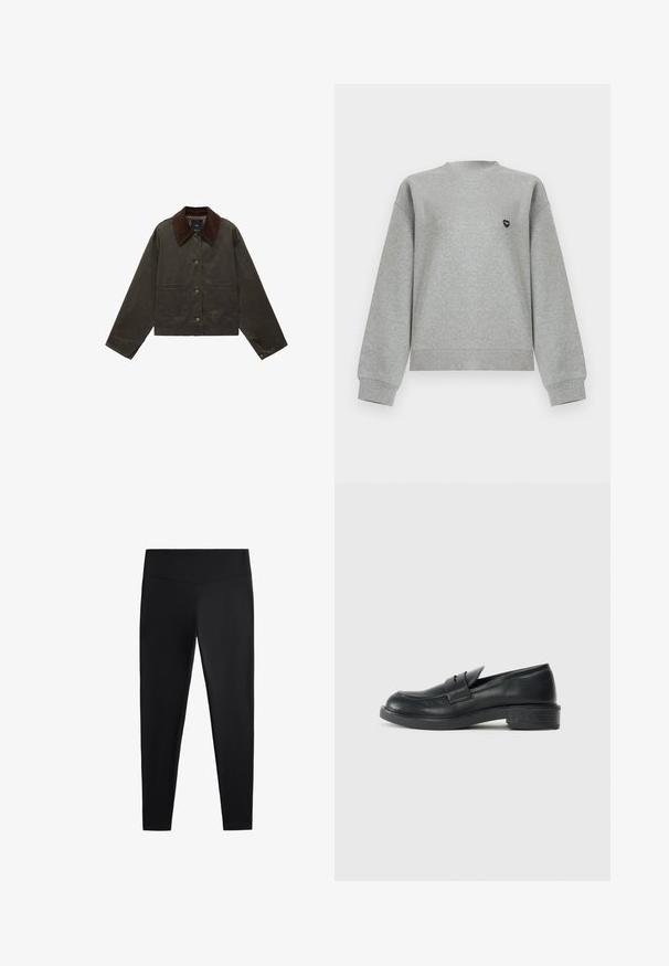 Veste vert olive avec un col en velours côtelé marron, deux poches avant et un bouton de fermeture. Fabriquée en matériau durable, avec un design court.; Sweat-shirt gris clair à manches longues avec col rond, poignets et ourlet côtelés, avec un petit logo noir en forme de cœur sur la poitrine gauche.; Leggings noirs en tissu lisse et extensible. Dotés d'une taille large et d'un design de jambe fuselée, adaptés pour une utilisation active ou décontractée.; Mocassins en cuir noir avec un bout arrondi, des détails cousus et un petit talon. Texture lisse et semelle en caoutchouc flexible.