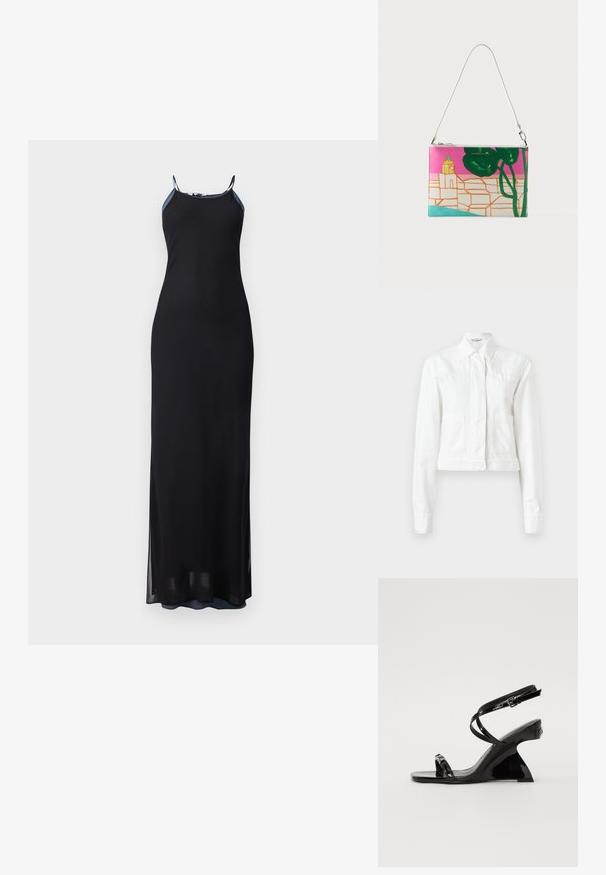 Veste courte blanche en coton, avec des manches longues, un col, deux poches avant et de subtils détails de couture.; Robe maxi noire avec des bretelles fines, silhouette ajustée et fentes sur les côtés. Tissu doux et fluide avec une texture lisse. Encolure accentuée.; Sandale compensée en cuir verni noir avec un design élégant, à bout ouvert, des fines lanières à la cheville et une boucle décorative.; Sac à main rectangulaire avec une sangle blanche, présentant un design abstrait coloré d’un bâtiment, d’arbres et d’un chemin sur un fond rose, vert et bleu.