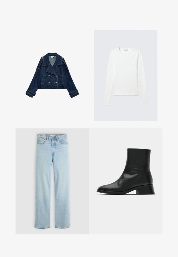 Chaqueta corta cruzada de mezclilla azul oscuro con cuello ancho, charreteras abotonadas en los hombros, bolsillos frontales y correas en los puños.; Camiseta blanca lisa de manga larga con cuello redondo y corte ajustado, mostrada sobre un fondo gris claro.; Jeans de denim azul claro con corte recto, que cuentan con cinco bolsillos, un cierre de cremallera clásico y costuras visibles.; Botín negro de tobillo hecho de cuero brillante, con un diseño elegante, punta afilada y un tacón bloque moderado para mayor estabilidad.