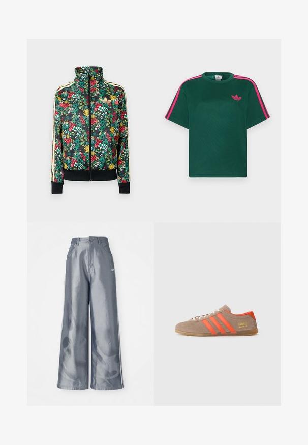 Chaqueta negra con cremallera y estampado floral colorido, cuello alto, puños y dobladillo acanalados, y rayas beige a lo largo de las mangas.; Camiseta verde de manga corta con franjas rosas brillantes en los hombros y el logotipo de trébol de Adidas en el pecho.; Pantalones de pierna ancha en material gris brillante, con rayas laterales blancas y un patrón de llamas en la parte inferior de las piernas. Cierre con botón y cremallera en la cintura.; Zapatillas de ante marrón con tres rayas naranjas brillantes, parte frontal con cordones y el logo dorado "Gazelle" en el lateral. Suela de goma plana.