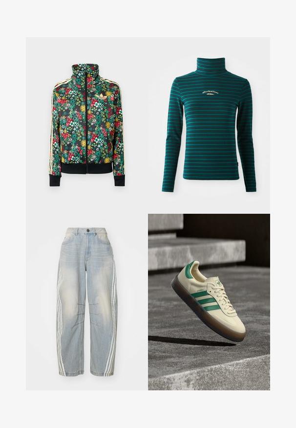 Zwarte jas met ritssluiting, voorzien van een kleurrijke bloemenprint, hoge kraag, geribbelde manchetten en zoom, en beige strepen langs de mouwen.; Langsleeve coltrui in teal met donkerblauwe horizontale strepen. Heeft een klein wit en goud logo op de borst. Zachte, rekbare stof.; Lichtblauwe denim jeans met een losse pasvorm, voorzien van witte strepen aan de zijkanten, verweringdetails en een knoopsluiting in de taille.; Crèmekleurige sneaker met groene accenten, drie groene strepen, een textuurrubberzool en een klassiek veterontwerp. "Samba"-logo aan de zijkant.