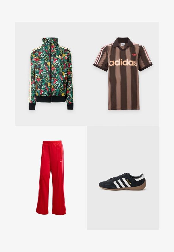 Sort lynlåstrøje med farverigt blomsterprint, høj krave, ribbede manchetter og kant samt beige striber langs ærmerne.; Brunstribet Adidas polo-shirt med V-hals, bordeaux krave og rødt logo. Har hvide og røde skulderstriber samt korte ærmer.; Røde atletiske bukser med brede ben, elastisk talje og sidelomme med lynlås. Har et lille hvidt logo på venstre side. Glat tekstur.; Sort ruskindssneaker med tre hvide striber, gummisål og et lille gyldent logo på siden. Har en glat sort foring indvendigt.