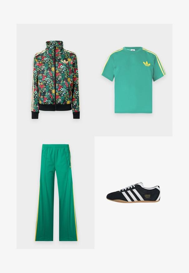 Sort lynlåstrøje med farverigt blomsterprint, høj krave, ribbede manchetter og kant samt beige striber langs ærmerne.; Grøn bomulds t-shirt med korte ærmer, med gule striber langs skuldrene og et broderet tre-bladet logo på brystet.; Grønne træningsbukser med gule sidelommer, elastisk talje og lynlåslommer, vist fladt mod en hvid baggrund.; Sort ruskinds sneaker med hvide tre striber, guldlogo og en brun gummisål. Har et lavprofil snørebåndsdesign.