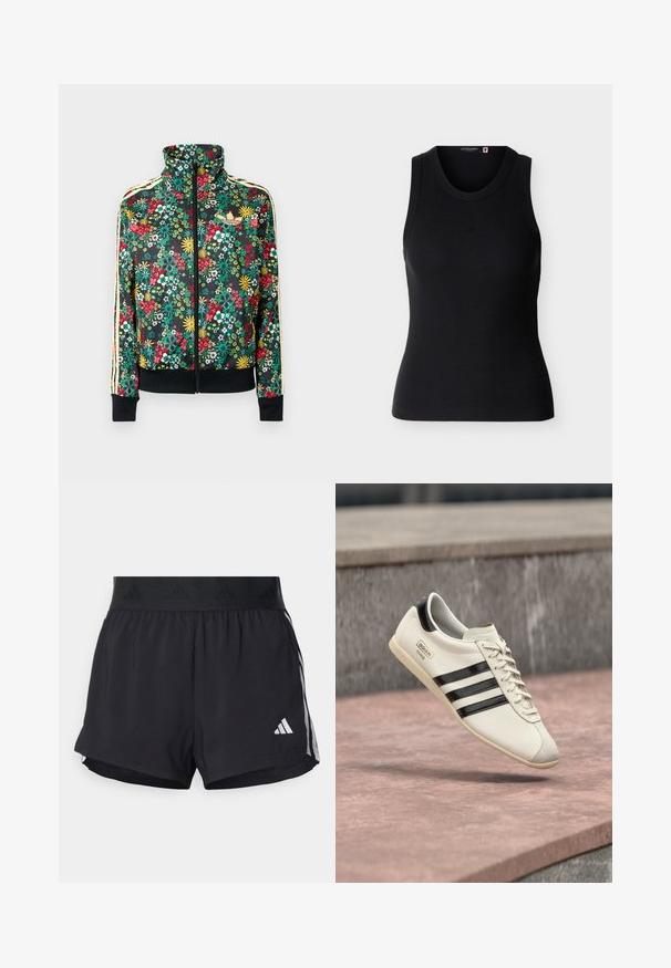 Sort lynlåstrøje med farverigt blomsterprint, høj krave, ribbede manchetter og kant samt beige striber langs ærmerne.; Sort ribstrikket ærmeløs tanktop med rund halsudskæring, tætsiddende pasform og lille broderet logo midt på brystet.; Sorte sport shorts med elastisk talje, der har et tekstureret bånd, sidestreger og et hvidt Adidas-logo på den nederste kant.; Hvid Adidas-sneaker med sorte striber og beige sål, svævende over en lyserød betonoverflade og grå stensbaggrund.
