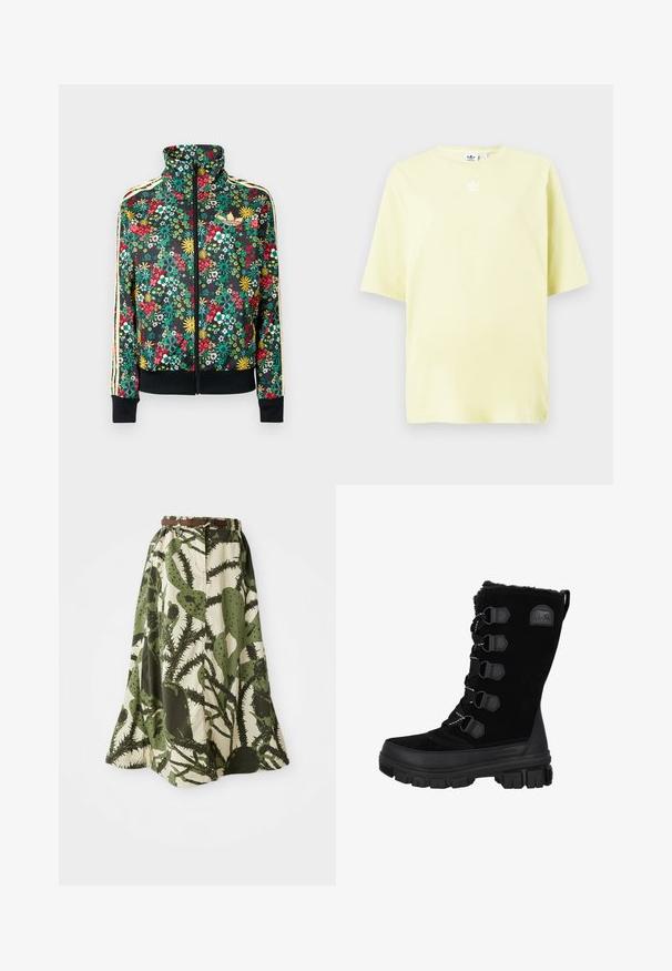 Sort lynlåstrøje med farverigt blomsterprint, høj krave, ribbede manchetter og kant samt beige striber langs ærmerne.; Lys gul Adidas T-shirt med korte ærmer og lille hvid trefoil-logo i midten nær halsudskæringen.; Lang nederdel med kaktusprint i nuancer af grøn og creme, med en sammenpresset talje og et brunt bælte til lukning.; Sorte vandtætte vinterstøvler med overdel i ruskind, pelskrave og gummisål. Har snørebåndsdesign med hexagonale snørehuller og logo-patch.