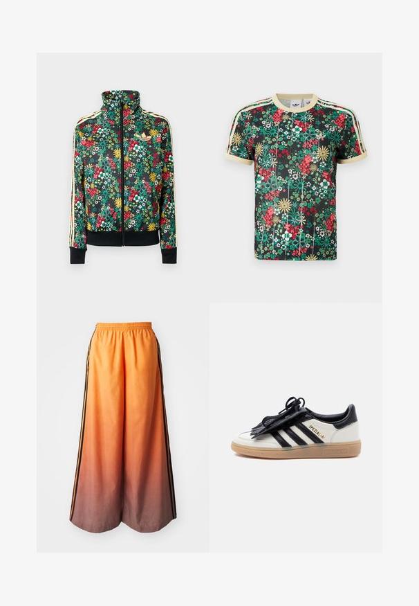 Zwarte jas met ritssluiting, voorzien van een kleurrijke bloemenprint, hoge kraag, geribbelde manchetten en zoom, en beige strepen langs de mouwen.; Zwart Adidas T-shirt met korte mouwen en een kleurrijk bloemenpatroon, beige kraag, mouwboorden en drie beige strepen op de schouders.; Oranje gradient wijde pantalon met een zwarte zijstrook, featuring een elastische tailleband en lichtgewicht materiaal.; Witte en zwarte Adidas Spezial sneaker met een gumzool, zwarte strepen en een zwarte veterhoes op een effen lichte achtergrond.