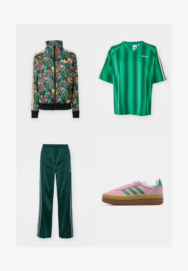 Sort lynlåstrøje med farverigt blomsterprint, høj krave, ribbede manchetter og kant samt beige striber langs ærmerne.; Grønstribet T-shirt med korte ærmer, V-hals og Adidas-logo. Har kontrasterende hvide sidelister og en glat, letvægtsstof.; Mørkegrønne træningsbukser lavet af skinnende materiale, med sidelister i lys grå og et broderet logo på venstre ben.; Lyserøde ruskindsneakers med grønne striber, hvide accenter og en brun gummisål. Har tekstureret stof og logodetaljer på siden.
