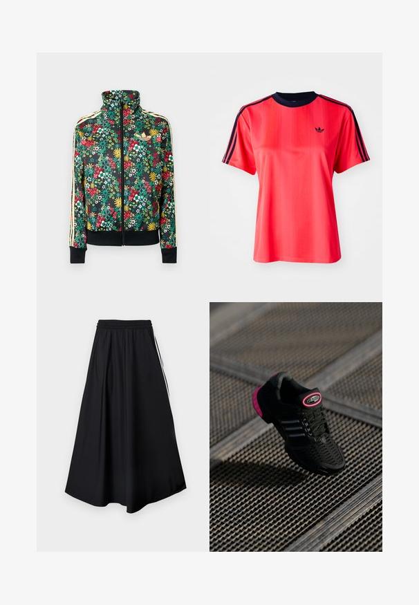 Veste noire à fermeture éclair avec imprimé floral coloré, col montant, poignets et ourlet côtelés, et bandes beiges le long des manches.; T-shirt de sport rouge à manches courtes, avec des rayures verticales, un col ras du cou bleu marine, et un petit logo noir à l'avant.; Pantalon noir à jambes larges avec taille élastique et bandes blanches sur les côtés, présenté sur un fond blanc uni.; Chaussure de sport noire avec tige en mesh, accents roses et détails rayés noirs. Présente une semelle extérieure texturée et un logo sur le talon.