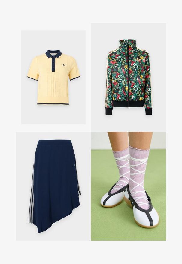 Sort lynlåstrøje med farverigt blomsterprint, høj krave, ribbede manchetter og kant samt beige striber langs ærmerne.; Kortærmet gul strikket polo med navy krave, knaplukning, manchetter, kant nederst og lille broderet logo på brystet.; Marineblå asymmetrisk nederdel med hvide lodrette striber på siderne og et struktureret stofmønster.; Ben iført ribbet lilla sokker med hvide krydsede stropper kombineret med hvide balletsko med sort kant på grøn gulv.