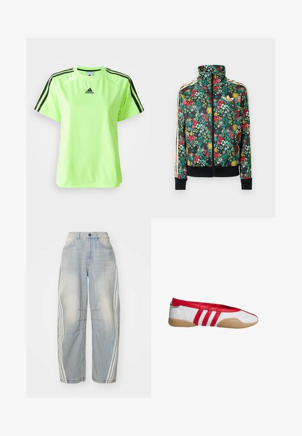 Chaqueta negra con cremallera y estampado floral colorido, cuello alto, puños y dobladillo acanalados, y rayas beige a lo largo de las mangas.; Camiseta deportiva de color verde neón, fabricada con tejido que absorbe la humedad. Presenta un diseño de tres rayas negras en los hombros y un logo centrado en el pecho.; Jeans de denim azul claro con corte holgado, que presentan franjas blancas a los lados, detalles desgastados y un cierre de botón en la cintura.; Zapato plano rojo y blanco con puntera redonda, hecho de material sintético liso. Presenta tres rayas rojas y una suela de goma color cuero claro.
