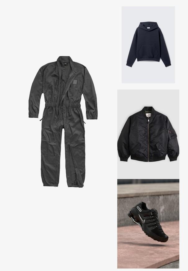 Veste bomber noire avec fermeture éclair frontale, poignets et ourlet côtelés, deux poches à rabat avec bouton-pression, et poche zippée sur la manche.; Combinaison noire à manches longues avec fermeture éclair frontale, taille et poignets élastiques, plusieurs poches zippées et col montant avec bouton-pression.; Sweat-shirt à capuche bleu marine en coton doux, doté d'une poche frontale, de poignets côtelés et d'une coupe décontractée. Pas de marquage visible à l'extérieur.; Chaussure de running Nike Shox noire avec logo swoosh blanc, en l'air au-dessus d'une surface en béton rosée devant un mur en pierre gris.