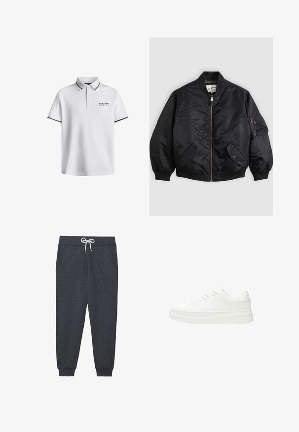 Veste bomber noire avec fermeture éclair frontale, poignets et ourlet côtelés, deux poches à rabat avec bouton-pression, et poche zippée sur la manche.; Polo shirt blanc avec un col classique, des manches courtes, mettant en avant des accents noirs sur les manches et le logo "Red Bull Racing" sur la poitrine.; Pantalon de survêtement gris foncé en matériau doux, avec une taille élastique et un cordon blanc, des poches avant et des poignets côtelés.; Baskets blanches avec une tige en cuir lisse, des lacets plats et une semelle en caoutchouc épaisse. Le design minimaliste présente des coutures discrètes et des accents sans couture.