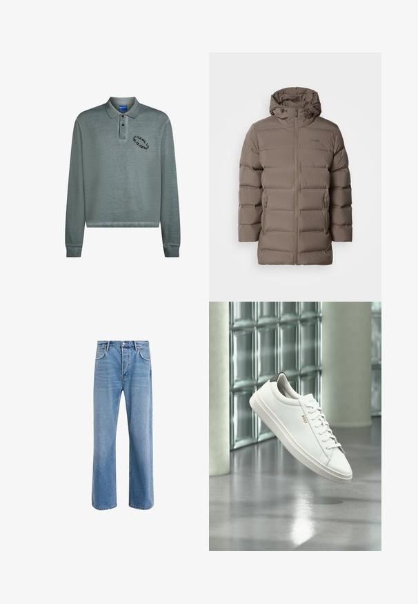 Brun polstret jakke med hætte, der har en frontlynlås og sidelommer. Materialet ser glat ud med et quiltet design for isolering.; Langærmet polo i dæmpet teal med ribbet krave og manchetter. Sort logo broderi på brystet. Blødt, struktureret stof.; Lyseblå denim jeans med lige ben-design, fem lommer, knaplukning, minimal falming og kontraststingdetaljer.; Hvid læder lav-top sneaker med snørebånd, sort hælflig og "BOSS"-logo, svævende indendørs nær glasblok væg og poleret gulv.