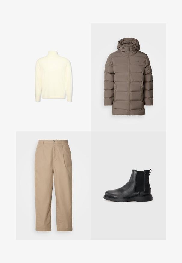 Brun polstret jakke med hætte, der har en frontlynlås og sidelommer. Materialet ser glat ud med et quiltet design for isolering.; Kremfarvet langærmet højhalset sweater med ribbet manchetter og et diskret logo på brystet, vist på en ensfarvet hvid baggrund.; Beige, lette bomuldsbukser med plisset front, knaplukning og lige ben, der har en glat tekstur og ingen synlige mønstre.; Sorte læder chelsea støvler med tekstureret finish, elastiske sidepaneler og en robust gummisål. Subtil branding på hælen.