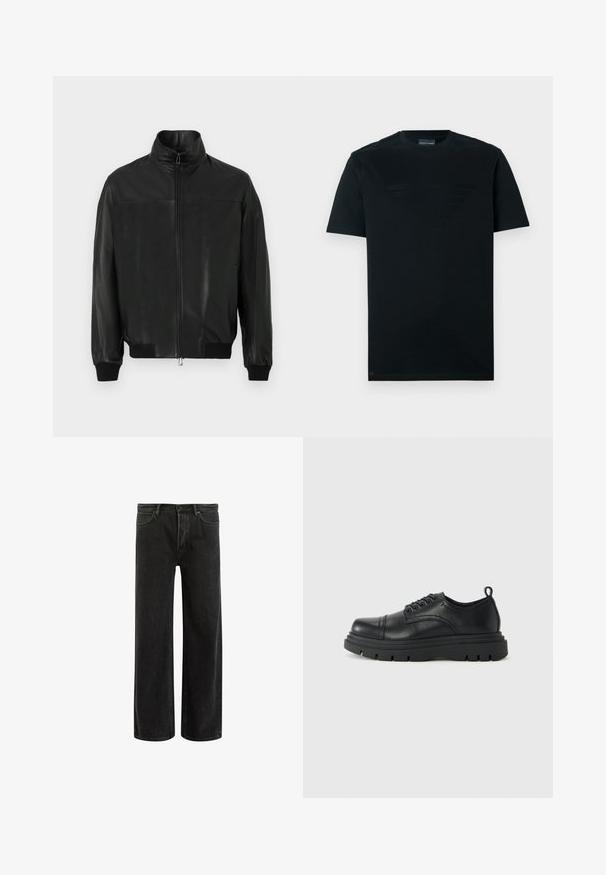 Zwarte leren jas met een hoge kraag, een rits aan de voorkant en geribde manchetten. Glanzende textuur en minimalistisch ontwerp.; Zwart T-shirt van katoen; met een mat logo-ontwerp in het midden. Klassieke ronde hals, korte mouwen en rechte zoom.; Zwarte denims met wijde benen en een hoge taille, met een klassiek vijf zakken ontwerp en subtiele vervaging voor een textuur uitstraling.; Zwarte leren veterschoen met dikke zool en een trekband op de hak, zijaanzicht op een lichte plain achtergrond.
